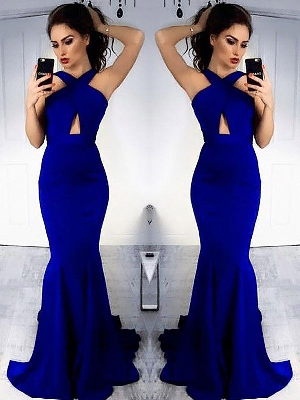 Sheath Halter Sleeveless With Ruched Satin Prom Dresses