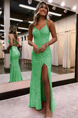 Sheath Spaghetti Straps Orange Sequins Long Prom Dress with Criss Cross Back