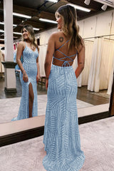 Sheath Spaghetti Straps Orange Sequins Long Prom Dress with Criss Cross Back