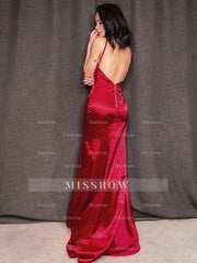 Sheath/Column Silk like Satin Spaghetti Straps Ruffles Sleeveless Prom Dresses