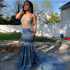 Shining Sequins V-neck Sleeveless Floor-length Mermaid Prom Dresses