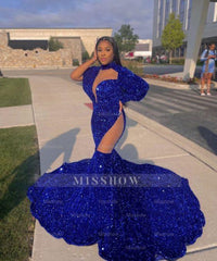 Shinning Royal Blue High-neck Long Sleeve Lace Floor-length Mermaid Prom Dresses