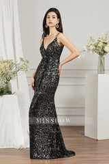 Shiny Sequins Spaghetti Straps V-neck Floor-length Mermaid Bridesmaid/Prom Dress