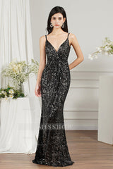 Shiny Sequins Spaghetti Straps V-neck Floor-length Mermaid Bridesmaid/Prom Dress