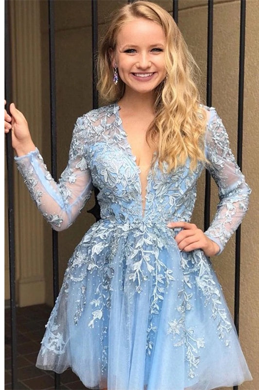 Short A-Line Lace Applique V-neck Long Sleeves Prom Dresses