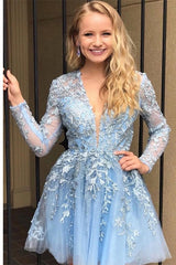 Short A-Line Lace Applique V-neck Long Sleeves Prom Dresses