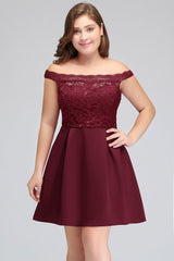 Short A-Line Off-Shoulder Lace Burgundy Chiffon Plus size Cocktail Dresses