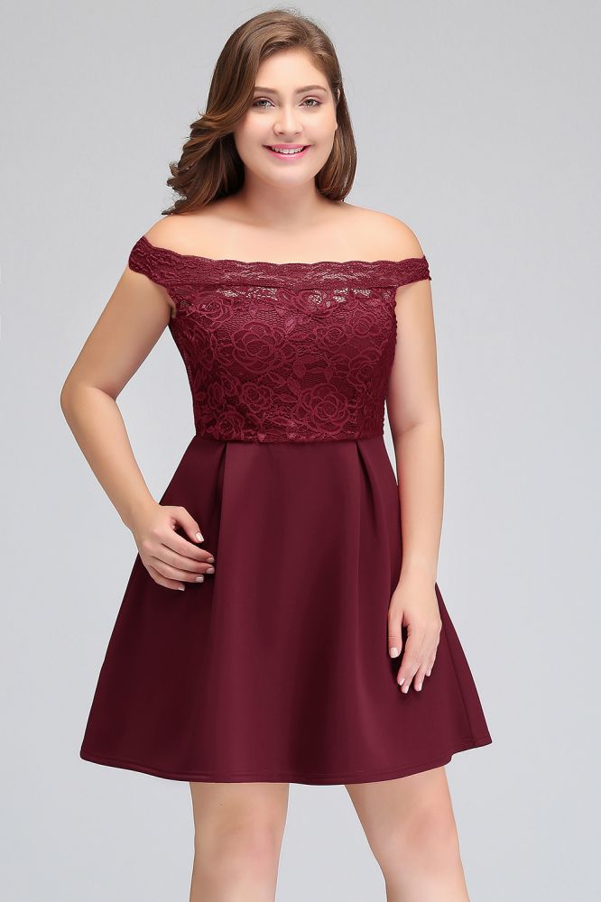 Short A-Line Off-Shoulder Lace Burgundy Chiffon Plus size Cocktail Dresses