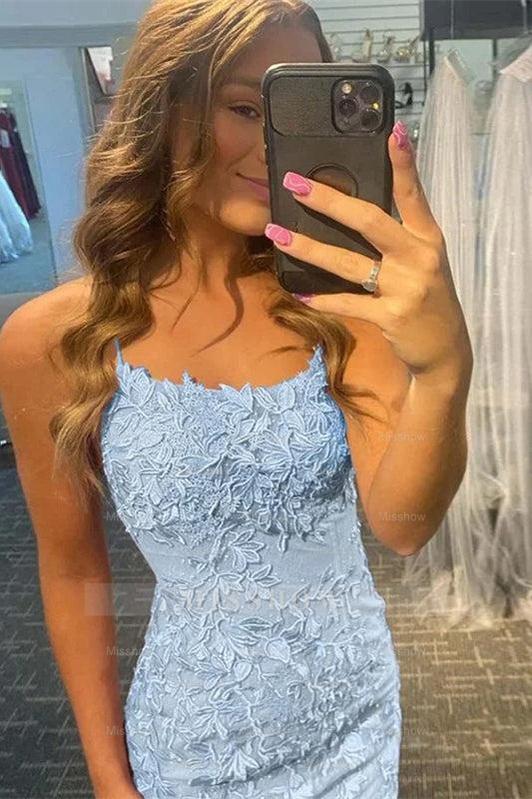 Short Column Blue Lace Spaghetti Straps Sleeveless Prom Dresses