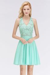 Short Lace A-Line V-Neck Sleeveless Birdesmaid Dress