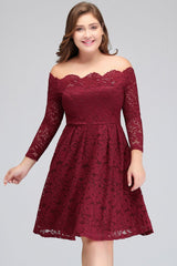 Short Plis size A-Line Off-Shoulder Lace Burgundy Cocktail Dresses