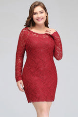 Short Sheath Plus size Scoop Long SleevesLace Burgundy Cocktail Dresses