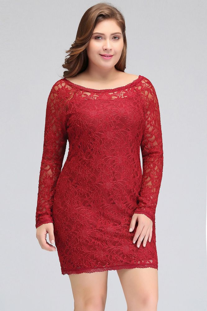 Short Sheath Plus size Scoop Long SleevesLace Burgundy Cocktail Dresses