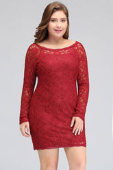 Short Sheath Plus size Scoop Long SleevesLace Burgundy Cocktail Dresses