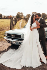 Simple A-line Satin Sleeveless Wedding Dress With Side Slit