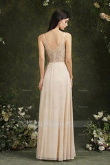 Simple Champagne Spaghetti Straps Sleeveless A-Line Satin Prom Dresses with Ruffles