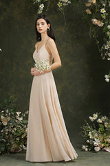 Simple Champagne Spaghetti Straps Sleeveless A-Line Satin Prom Dresses with Ruffles