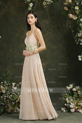 Simple Champagne Spaghetti Straps Sleeveless A-Line Satin Prom Dresses with Ruffles