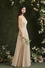 Simple Champagne Spaghetti Straps Sleeveless A-Line Satin Prom Dresses with Ruffles