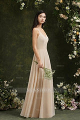 Simple Champagne Spaghetti Straps Sleeveless A-Line Satin Prom Dresses with Ruffles