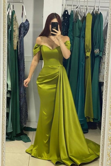 Simple Green Off-the-shoulder Satin Mermaid Evening Party Dresses Prom Dresses With Ruffles