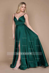 Simple Green Spaghetti Straps Sleeveless Column Satin Prom Dresses with Ruffles