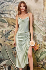 Simple Green Spaghettistraps Sleeveless Mermaid Elastic Woven Satin Bridemaiddresses with Ruffles