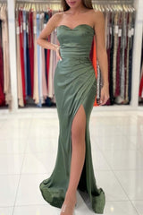Simple Green Strapless Sleeveless Mermaid Elastic Woven Satin Floor-Length Prom Dresses