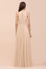 Simple Halter Champagne Slim Long Bridesmaid Dress