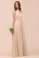 Simple Halter Champagne Slim Long Bridesmaid Dress