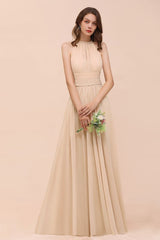 Simple Halter Champagne Slim Long Bridesmaid Dress