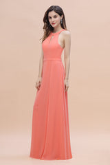Simple Jewel Sleeveless Coral Chiffon Bridesmaid Dresses
