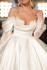 Simple Long A-line Off-the-shoulder Princess Satin Lace Wedding Dresses With Long Sleeves