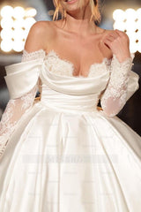Simple Long A-line Off-the-shoulder Princess Satin Lace Wedding Dresses With Long Sleeves