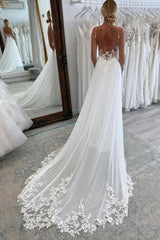Simple Long A-line V-neck Spaghetti Straps Wedding Dresses With Lace