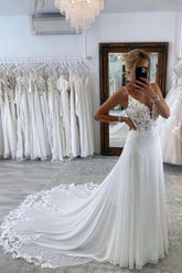 Simple Long A-line V-neck Spaghetti Straps Wedding Dresses With Lace