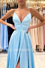 Simple Long Blue A-line V-neck Sleeveless Satin Evening Dress With Slit