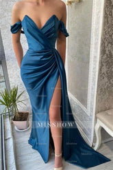 Simple Long Blue Off-the-shoulder Prom Dress With Slit