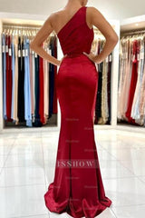 Simple Long Burgundy One Shoulder Satin Mermaid Evening Dresses With Slit