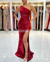 Simple Long Burgundy One Shoulder Satin Mermaid Evening Dresses With Slit