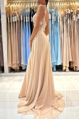 Simple Long Champagne A-line Lace Sleeveless Evening Dresses With Slit
