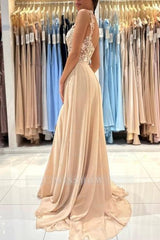 Simple Long Champagne A-line Lace Sleeveless Evening Dresses With Slit