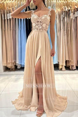Simple Long Champagne A-line Lace Sleeveless Evening Dresses With Slit