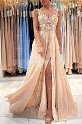 Simple Long Champagne A-line Lace Sleeveless Evening Dresses With Slit