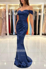 Simple Long Dark Navy Off-the-shoulder Sleeveless Mermaid Evening Dresses