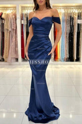 Simple Long Dark Navy Off-the-shoulder Sleeveless Mermaid Evening Dresses