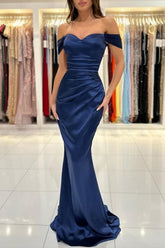 Simple Long Dark Navy Off-the-shoulder Sleeveless Mermaid Evening Dresses