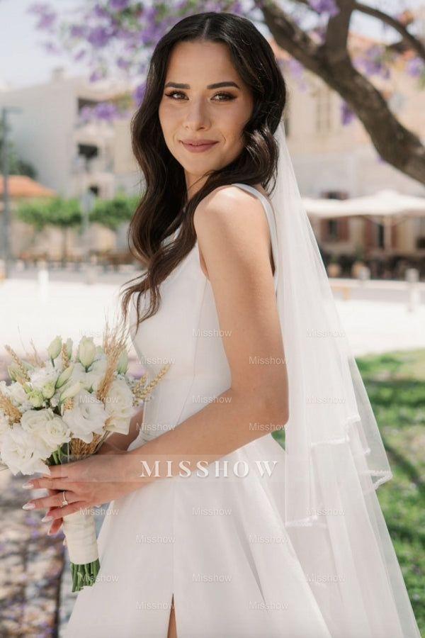 Simple Long Ivory A-line Straps Tulle Sleeveless Wedding Dress with Slit