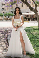 Simple Long Ivory A-line Straps Tulle Sleeveless Wedding Dress with Slit