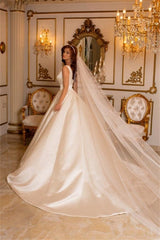 Simple Long Ivory A-line V-neck Satin Sleeveless Wedding Dresses With Train